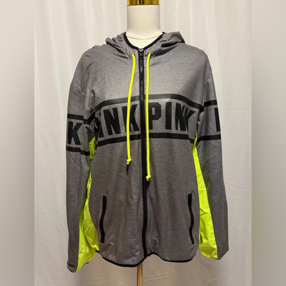 PINK Victoria’s Secret Neon Green Gray Track Jacket M/L Athleisure Zip Up